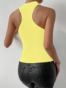 SHEIN Raffinéa 女士纯色修身休闲吊带针织上衣 - 淡黃色 - 查看 2