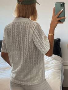 DAZY تي شيرت نسائية كاجوال أنيقة بياقة بولو وقماش شبكي شفاف مزخرف بالدانتيل للصيف - أبيض - مشاهدة 6
