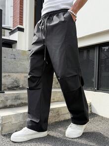 SLATEMANN 男士街头风降落伞灵感工装裤，宽松街头嘻哈风阔腿直筒休闲裤，男士户外街头风。适合男士复古风格、日常休闲、周末旅行、户外活动、探险旅行、轻松的工作环境或半正式场合，可作为男友/丈夫礼物、周年纪念/生日礼物、派对、夏季假期、婚礼、春夏、狂欢节等场合穿着。男士科技风长裤，黑色男士工装裤，实用裤，街头风长裤，尼龙科技风长裤。 - 黑色 - 查看 5