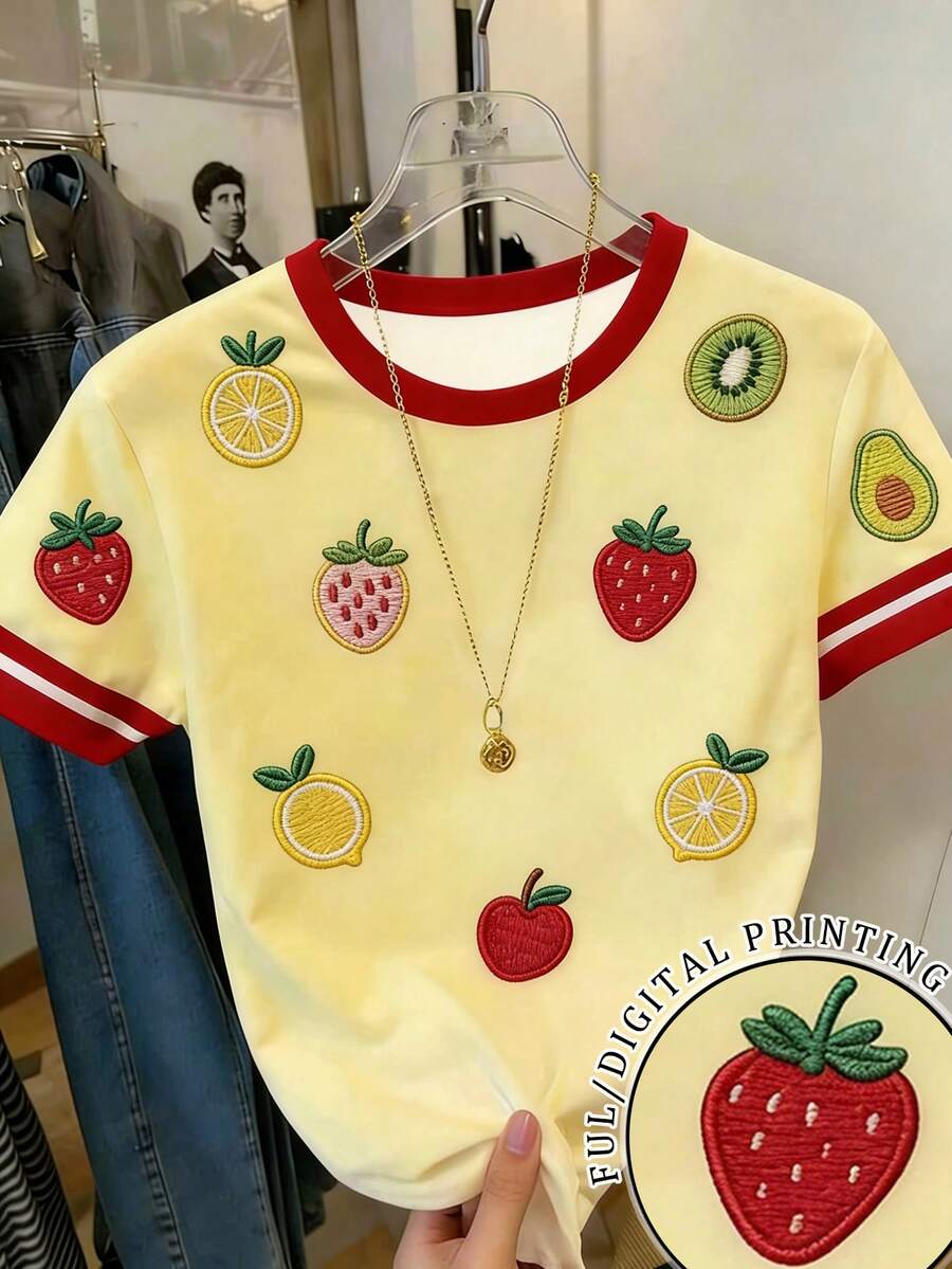 Resyla Regular Loose Plus Size Women Strawberry Print Round Neck Short Sleeve T-Shirt - Apricot - View 1