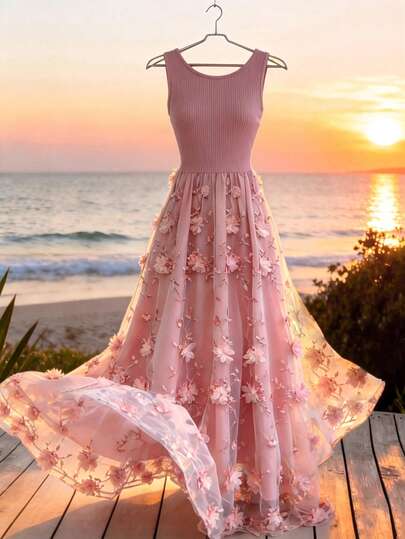 Franclia Women's Romantic Holiday Long Dress, Casual Elegant Maxi Dress, Top Knit Ribbed Sleeveless Dress, Bottom Patchwork 3D Floral, Suitable For Summer, Spring, Autumn, Suitable For Dates, Vacation, Holidays, Valentine's Day Dress, 3D Embroidered Mesh Maxi Dress, Super Flared Versatile Style Pink Flower Dress Feminine Dress Pink Embroidered Dress Elegant Dress Beacheses For Vacation Beach Dress Summer Dress Dinner Dress Sunset Dress