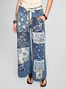 ROMWE Hippie Hàng mới về mùa Xuân & Thu, màu xanh denim trung bình, họa tiết chắp vá, quần jeans nữ thời trang và thoải mái. - Rửa trung bình - Xem 7