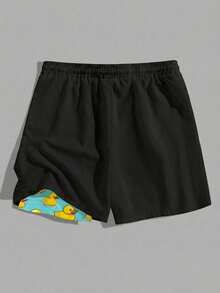 Manfinity RSRT Men's Drawstring Waist Beach Shorts With Cartoon Duck Print Lining, Vacation Style - Black - View 3
