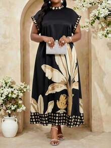 Fleurora Elegantes Kleid in Große Größen für Damen mit Palmenbaum-Muster, Mandarinkragen und Fledermausärmeln - Verschiedenfarbig - Übersicht 1