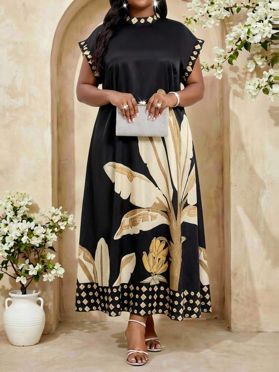 Fleurora Elegantes Kleid in Große Größen für Damen mit Palmenbaum-Muster, Mandarinkragen und Fledermausärmeln - Verschiedenfarbig - Übersicht 1