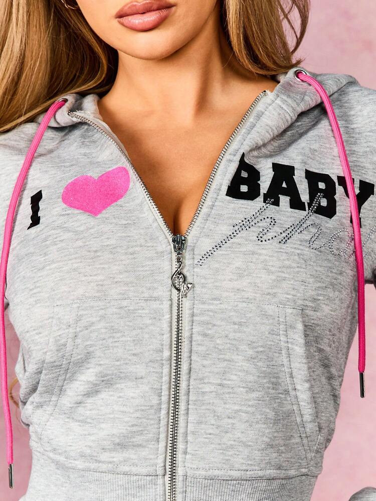 BABYPHAT Women's Cropped Zip-Up Hoodie With Heart Print And Drawstring Hood For Casual Streetwear Style