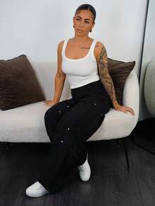 SAYEHFBABY 女士 Y2K 裤子 侧褶饰钉工装裤 - 黑色 - 查看 4