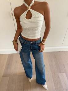 Siren Gaze Áo croptop nữ màu trơn, viền bèo nhún, khoét eo, kiểu yếm gợi cảm. - Màu be - Xem 1
