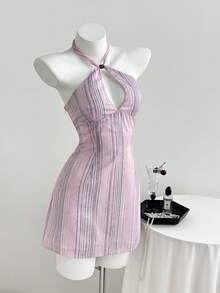 Elamini Women's Retro Striped Tie-Up Fitted Mini Dress, Spring/Summer Halter Dress For Women Sexy Sundress Summer Sexy Dress Bodycon Summer Dress Split Thigh Dress - Pink - View 5