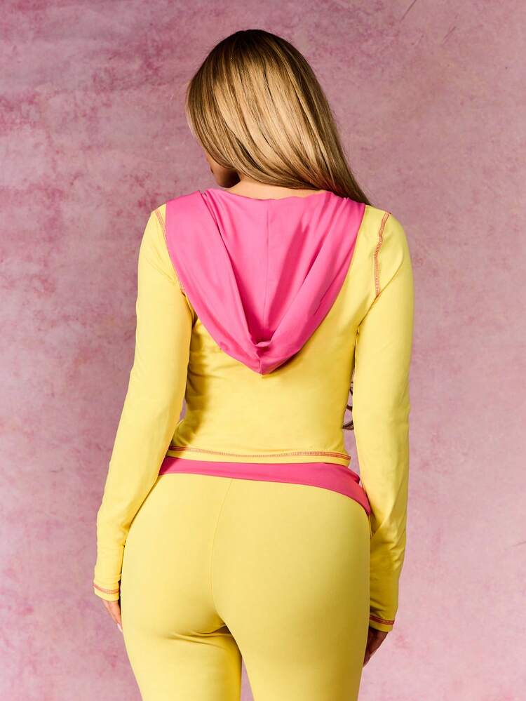 BABYPHAT Women's Zip Up Jersey Hoodie With Contrast Pink Hood And Text Print Long Sleeve Cropped Active Top Fall Fashion Statement Piece