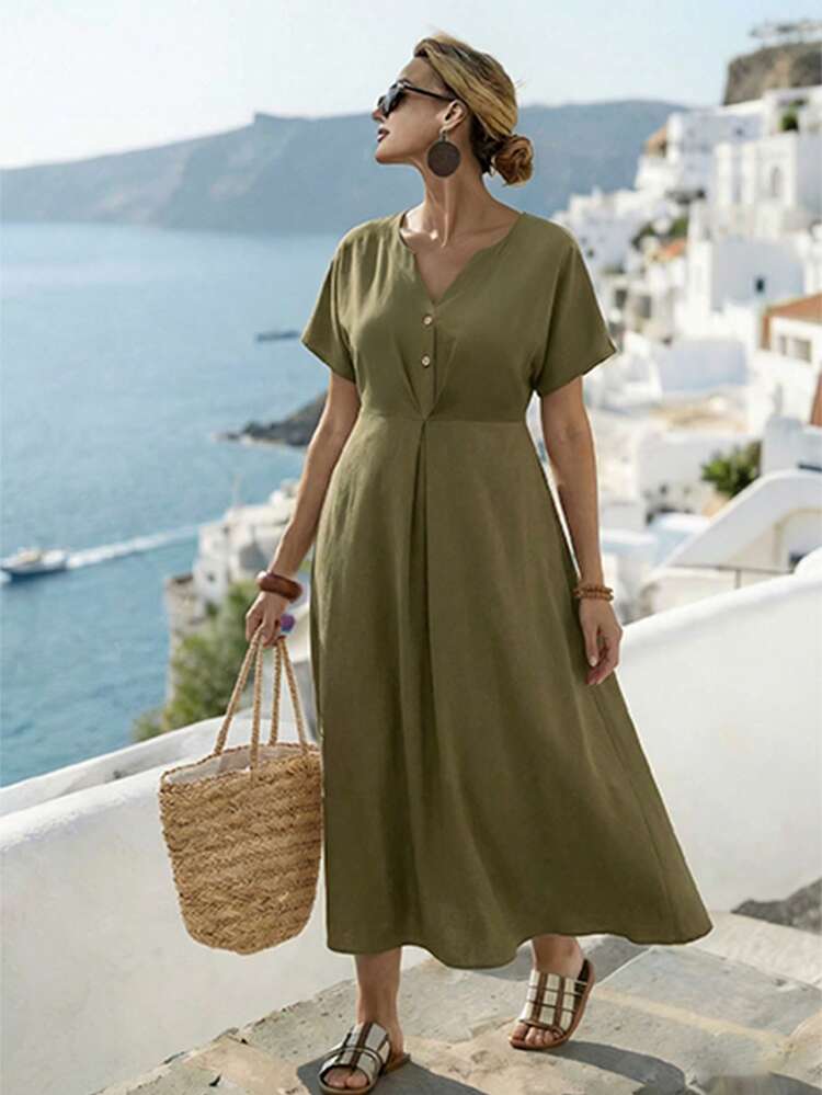 SHEIN Plus Size Olive Green Dress Women Summer V-Neck Short Sleeve Button Detail Pleated Front Midi Smart Casual Vacation Holiday Solid Casual Dress