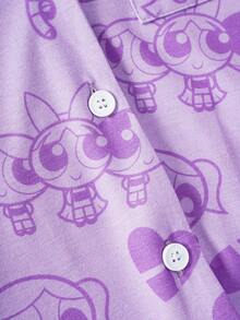 THE POWERPUFF GIRLS X SHEIN 少女短袖单排扣上衣和短裤睡衣套装 - - 紫色 - 查看 6