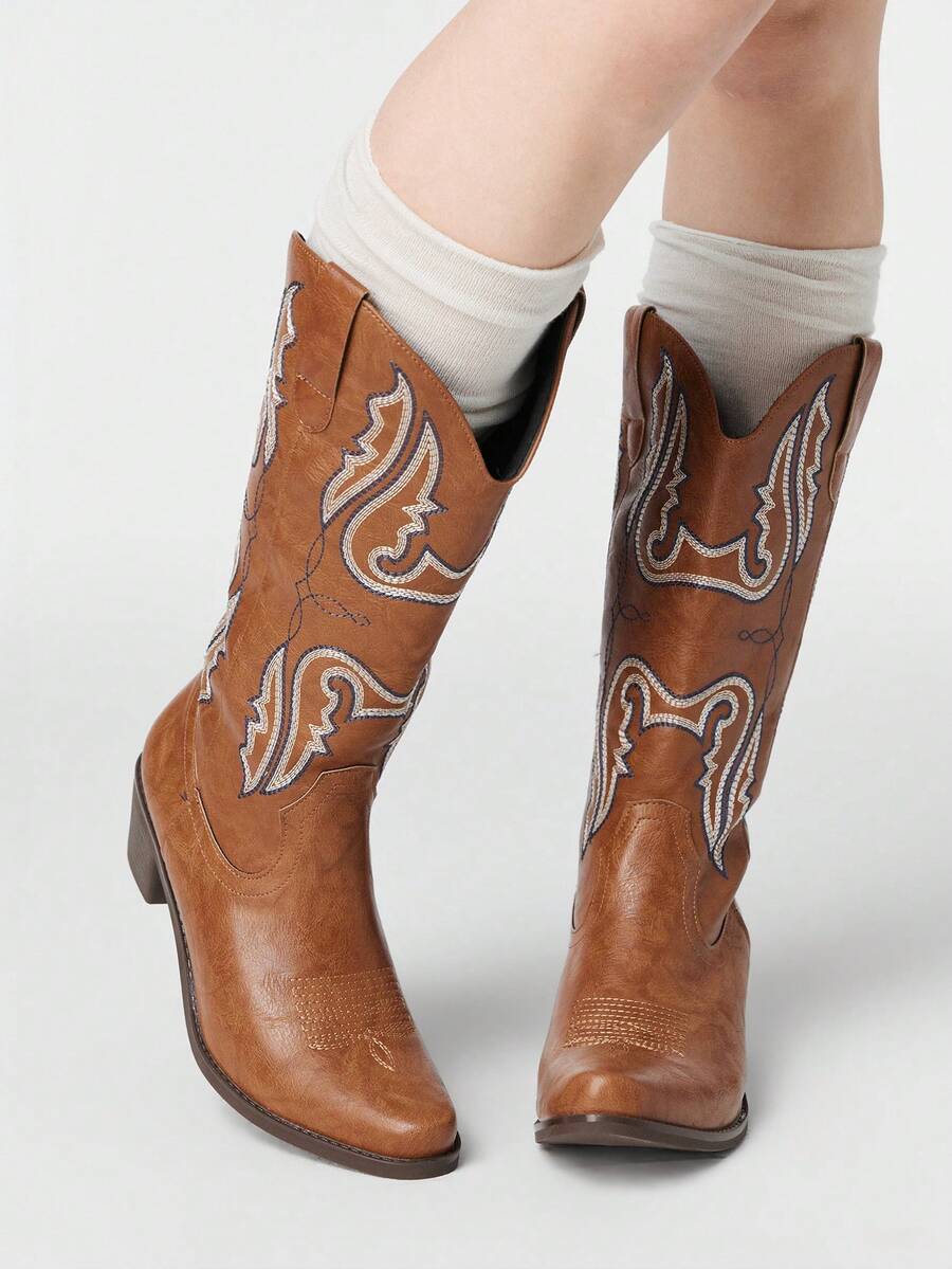 ROMWE Fairycore 2025 Botas de Cowboy Bordadas Ocidentais Retrô do Interior Britânico, Botas de Outono para Mulheres - Castanho - Visão 1