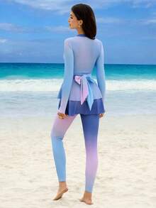 Swim Shayni 女士新款渐变印花圆领长袖上衣和修身长裤布基尼套装 - 彩色 - 查看 2