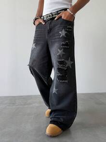 PAVTROS 男士水钻五角星图案做旧休闲百搭日常穿着阔腿牛仔裤 - 黑色 - 查看 4