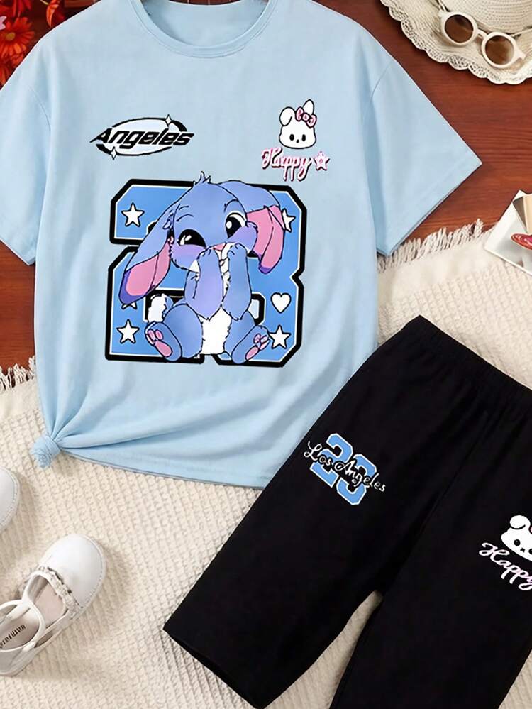 少女可爱印花短袖打底裤套装，休闲舒适的春夏装，百搭设计，适合户外、运动、野餐、摄影、居家、上学、节日等场合，也是馈赠佳品。 - 彩色 - 查看 4