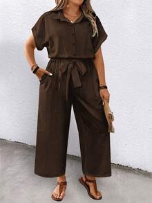 SHEIN LUNE CURVE Plus Size Printed Tie-Waist Short Sleeve Jumpsuit - Brown - View 1