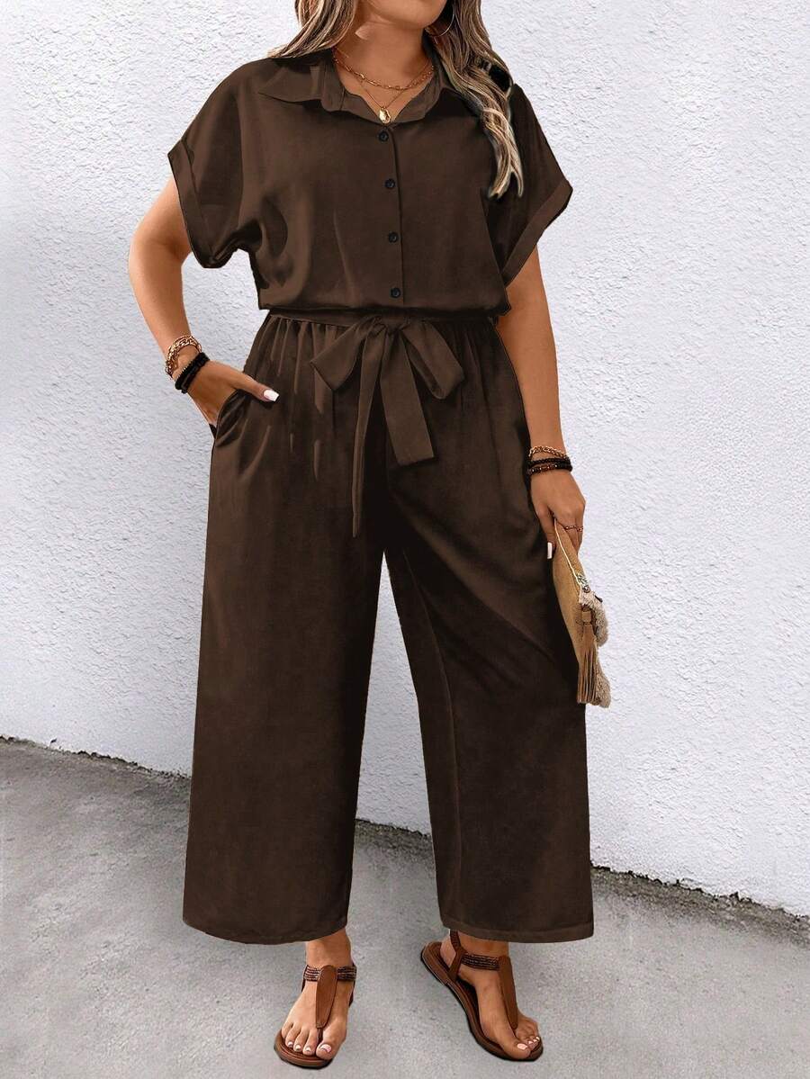 SHEIN LUNE CURVE Plus Size Printed Tie-Waist Short Sleeve Jumpsuit - Brown - View 1