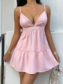 Sunnyshic Women's Casual Vacation Dress, Embroidered Fabric Pink Summer Dress Pink Beach Dress Pink Vacation Dress Babydoll Dress Sexy Summer Dress - Pink - View 5
