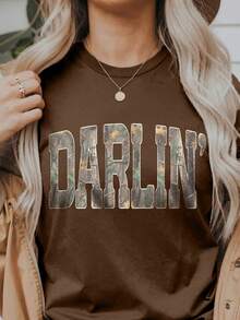 EMERY ROSE American Retro Camo "DARLIN'" Letterprint Casual Plus-Sized T-Shirt - Coffee Brown - View 3