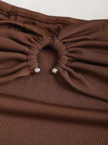 Sweetra Women's Solid Color Off Shoulder Short Sleeve T-Shirt, Summer - Brown - View 3
