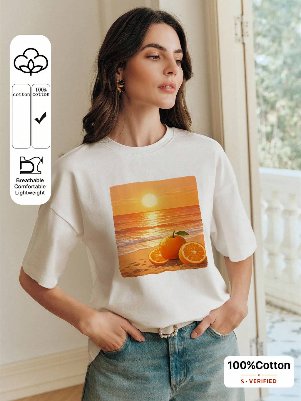 Anewsta ホワイト ラウンドネック カジュアル 半袖Tシャツ、春から夏のホリデーアウトフィットに適しています