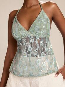 SHEIN BAE Women's Halter Deep V Backless Tie Lace Sequin Halter Top, Vacation , Sexy Semi-Sheer Top, Lace Top, Party Event Top, Music Festival Top - Green - View 7