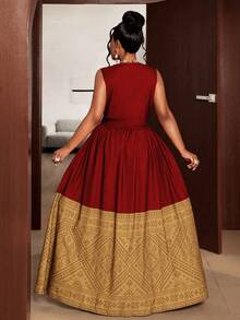 Maweii Plus Size Women V-Neck Ruched Waist Colorblock Elegant Party Dress - Red - View 3