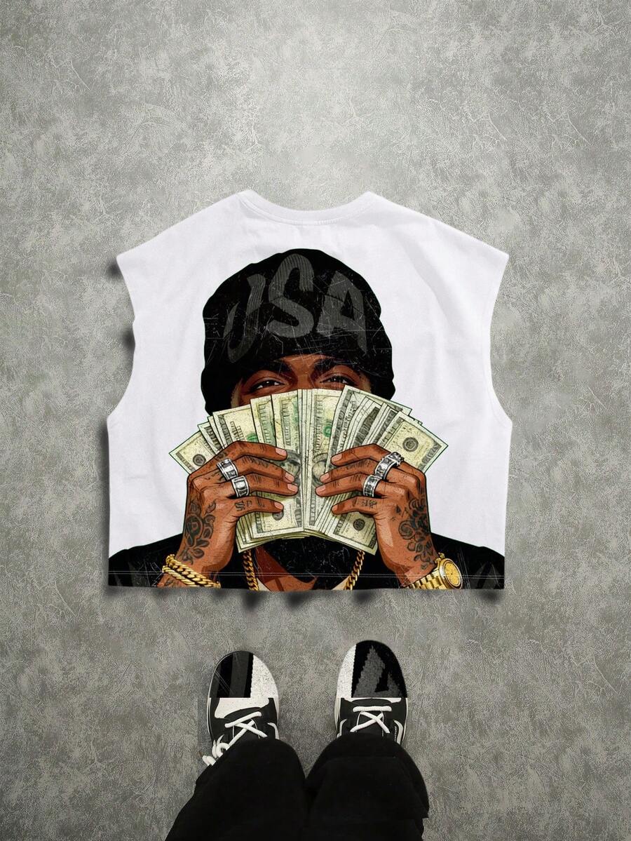 Manfinity ZONE917 Top de tirantes con gráfico de dinero cubriendo la cara, estilo holgado y corto, apropiado para el verano - Blanco - Ver 1