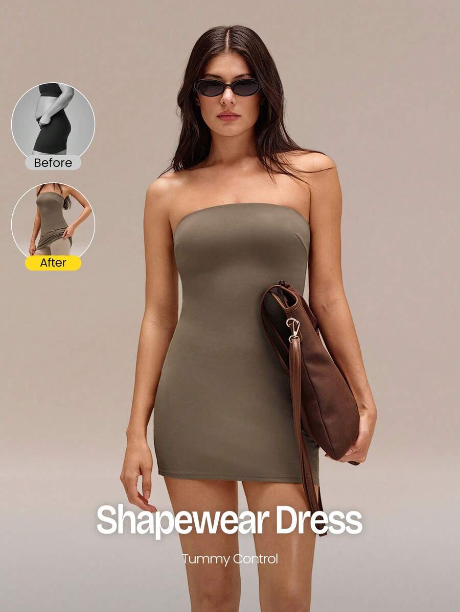GLOWMODE Lounge & Play Seamless Sweat-Wicking Quick-Drying Sun Protection Removable Cups Built-In Shaping Shorts Tummy Control Butt-Lifting Strapless Dress Daily Casual Wear