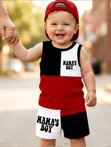 Souflis Souflis 2pcs Setelan Bayi Laki-laki Kasual Warna-warni Patchwork "MAMA'S BOY" dengan Cetakan Huruf Tank Top dan Celana Pendek Bermotif, Pakaian Musim Semi hingga Musim Panas - MultiWarna - View 1