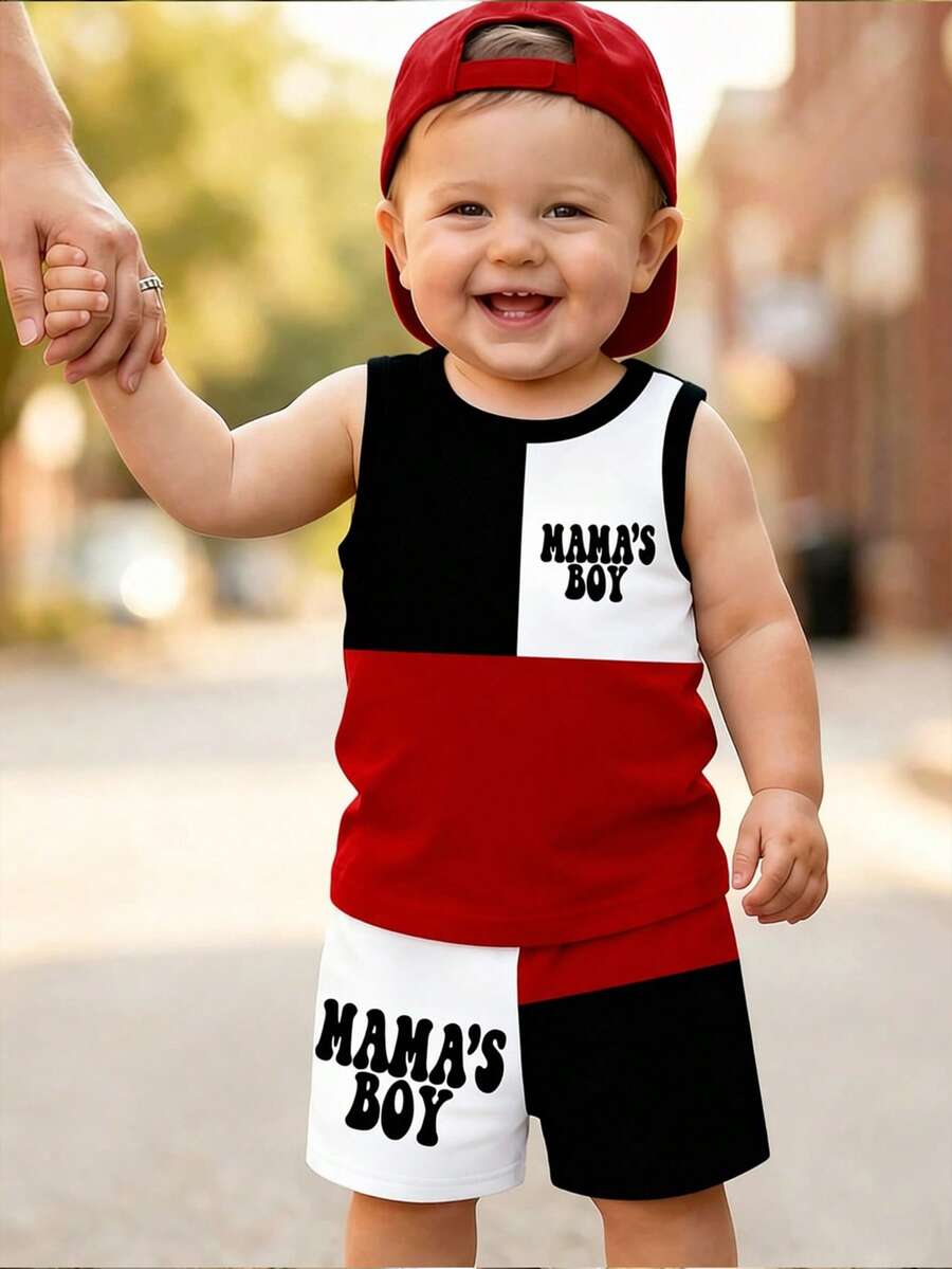 Souflis Souflis 2pcs Setelan Bayi Laki-laki Kasual Warna-warni Patchwork "MAMA'S BOY" dengan Cetakan Huruf Tank Top dan Celana Pendek Bermotif, Pakaian Musim Semi hingga Musim Panas - MultiWarna - View 1