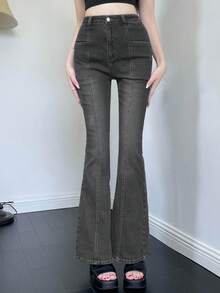 DAZY Women's Korean Style Washed Flared Distressed Casual Jeans Summer - Grey - View 2