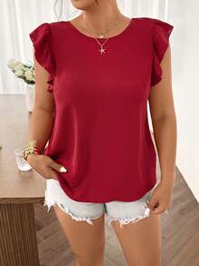 SHEIN Frenchy Plus Size Women's Solid Color Round Neck Tie Back Casual Versatile Daily Wear Short Sleeve Blouse - Red - View 6