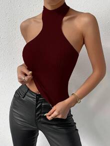 SHEIN LUNE 女士纯色修身无袖针织上衣 - 酒紅色 - 查看 3