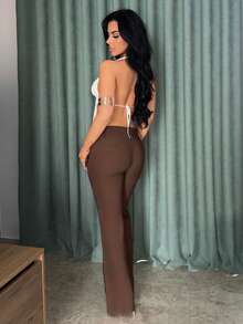 Vassilux Women's Fashion Casual Retro Pocket Flare Leg Pants, Old Money, Business Casual Woman,Going Out Outfits,Back To School,Chocolate Flared Pants,Casual Trousers,Vintage Trousers,Fall - Coffee Brown - View 3