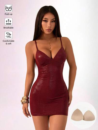 SHEIN PETITE Vestido casual de fiesta estilo Y2K Amplova rojo para invitada de boda, vestido burdeos para mujer, disfraz de Halloween con textura de piel de serpiente y acabado brillante, vestido ajustado mini con corpiño, vestidos de fiesta para mujer