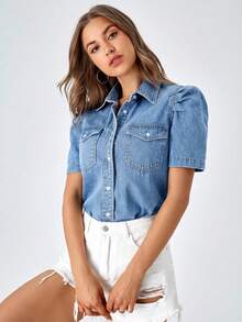 Jeanoix Plus Size Summer Casual Petal Sleeve Denim Blouse - Blue - View 3