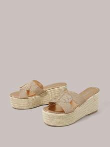 Styleloop Ladies, Straw Hemp Rope Electric Embroidery I-Shaped Upper, Lame Heel Platform Sandals, Holiday Atmosphere, Summer Wear, Travel Essentials - Rose Gold - View 2