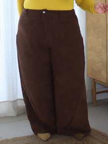 Pretty and Ole Plus Size Women's Solid Color Vintage Simple Daily Corduroy Rib Pants,Coffee Pants,Wide Leg Women Pants/Winter - Coffee Brown - View 6