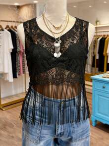 LanaWest CURVE Plus Size Lace Hollow Out Sleeveless Round Neck Blouse - Black - View 1