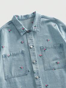 ROMWE MEN Grunge Punk Men's Embroidered Casual Short Sleeve Denim Shirt - Blue - View 3