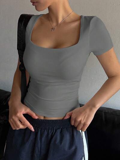Women's Square Neck Short Sleeve Fitted T-Shirt Summer