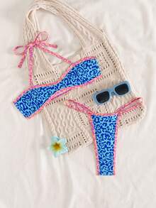 Swim SXY Women's Contrast Color Trim Spaghetti Strap Removable Strap Thong Bikini 2 Pieces Swimwear Set - Multicolor - View 4