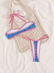 Swim SXY Women's Contrast Color Trim Spaghetti Strap Removable Strap Thong Bikini 2 Pieces Swimwear Set - Multicolor - View 5