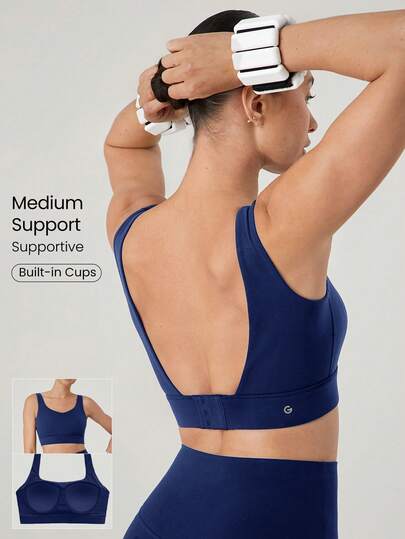 GLOWMODE FeatherFit™-Sculpt Built-In Cups V-Neck Backless Adjustable Sports Bra Medium Impact Running Jogging Training Gym Workout