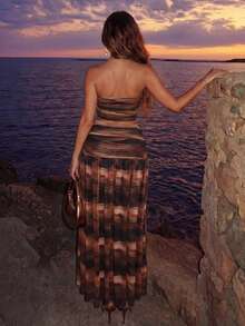 SHEIN Allurite Women's Mesh Bandeau Top And High Waist Pleated Mesh Maxi Skirt 2-Piece Set, Suitable For Spring/Summer Vacation - Multicolor - View 3