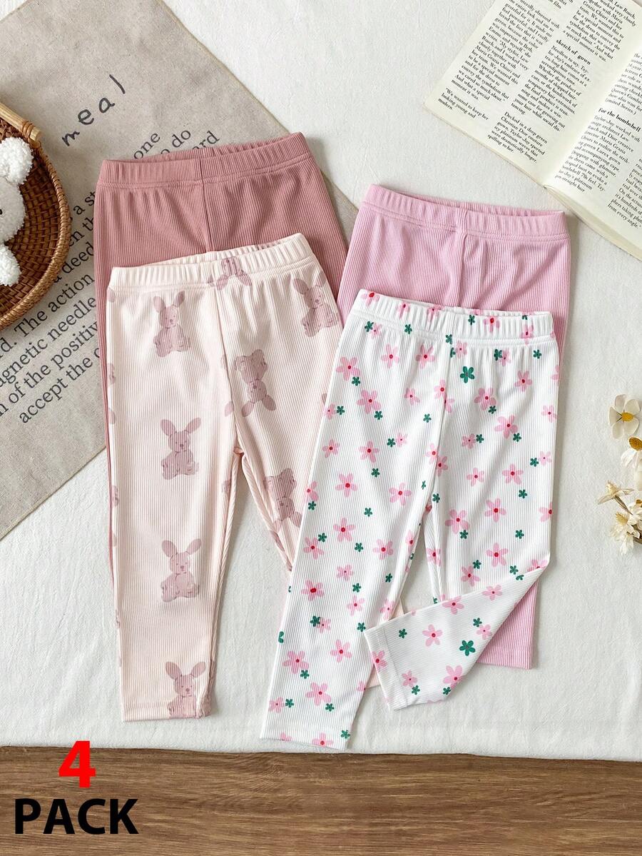 SHEIN 4件套女婴时尚俏皮裤装，适合秋冬季节穿着，面料柔软，适合上学、室内外活动 - 彩色 - 查看 1