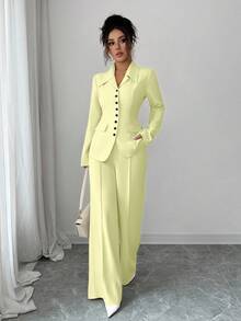 Elenzga Women's Apricot Thick Fabric V-Neck Blazer Design Black Contrast Button Fake Pocket Teacher Uniform Elegant Professional Outfit, Thanksgiving Halloween Atmosphere, Autumn New Arrival Versatile Fashion Set, Loose Straight Leg Pants Two Pieces Suit - Pale Yellow - View 6