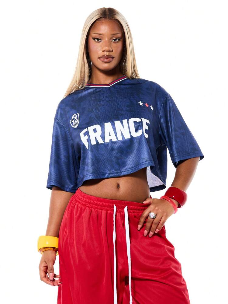 SUMWON WOMEN Frankreich Nationalmannschaft Fußball Trikot mit Sternen, überschnittene Passform, Kurzarm Rundhals Grafik-Oberteil
